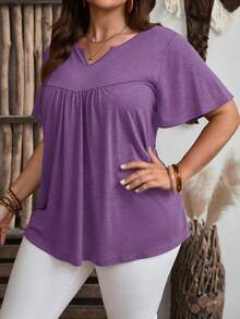 Rosumi Kaos Lengan Pendek Kerah Berlekuk Warna Polos Kasual Musim Panas Ukuran Besar - Purple - View 7
