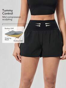 OutZeal Gym Shorts Women Sports Black Shorts Solid Color Summer Spring Workout Running Tummy Control 2-In-1 Built-In Shorts High Waist Active Bottom - Black - View 2