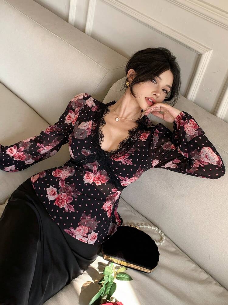 Spring & Summer Ditsy Floral Black Blouse With Lace Trim, V-Neck, Cinched Waist, Long Puff Sleeves, Casual, Vacation, Work Wear For Women