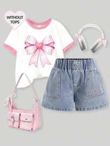 Young Girls Washed Denim Casual Elastic Waist Butterfly Embroidered Wide Leg Blue Denim Shorts, Summer - Blue - View 2