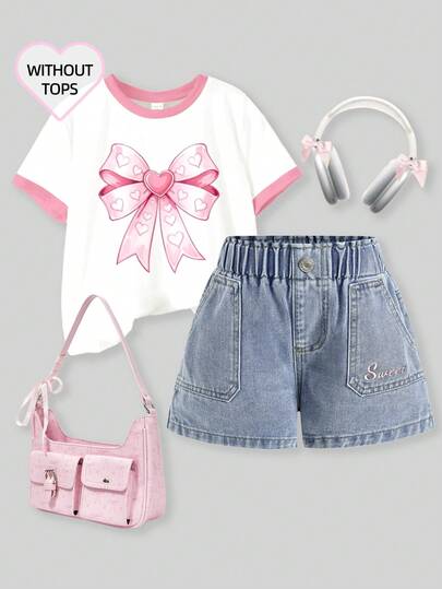 女童时尚优雅浅色水洗短裤，带口袋和荷叶边腰带，适合春夏假期穿着