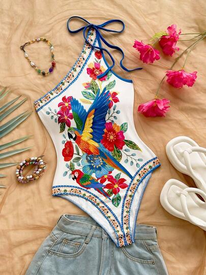 Soleia Body con estampado tropical y cuello halter para mujer de talla grande