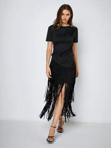 Maija Women's Black Suede Fabric Mid-Waist Cinched Waist Fringe Patchwork Design Flattering Slimming Chic Vacation Boho Casual Versatile Country Music Festival Western Style Bohemian Elegant Versatile Country Music Festival Skirt - Black - View 4