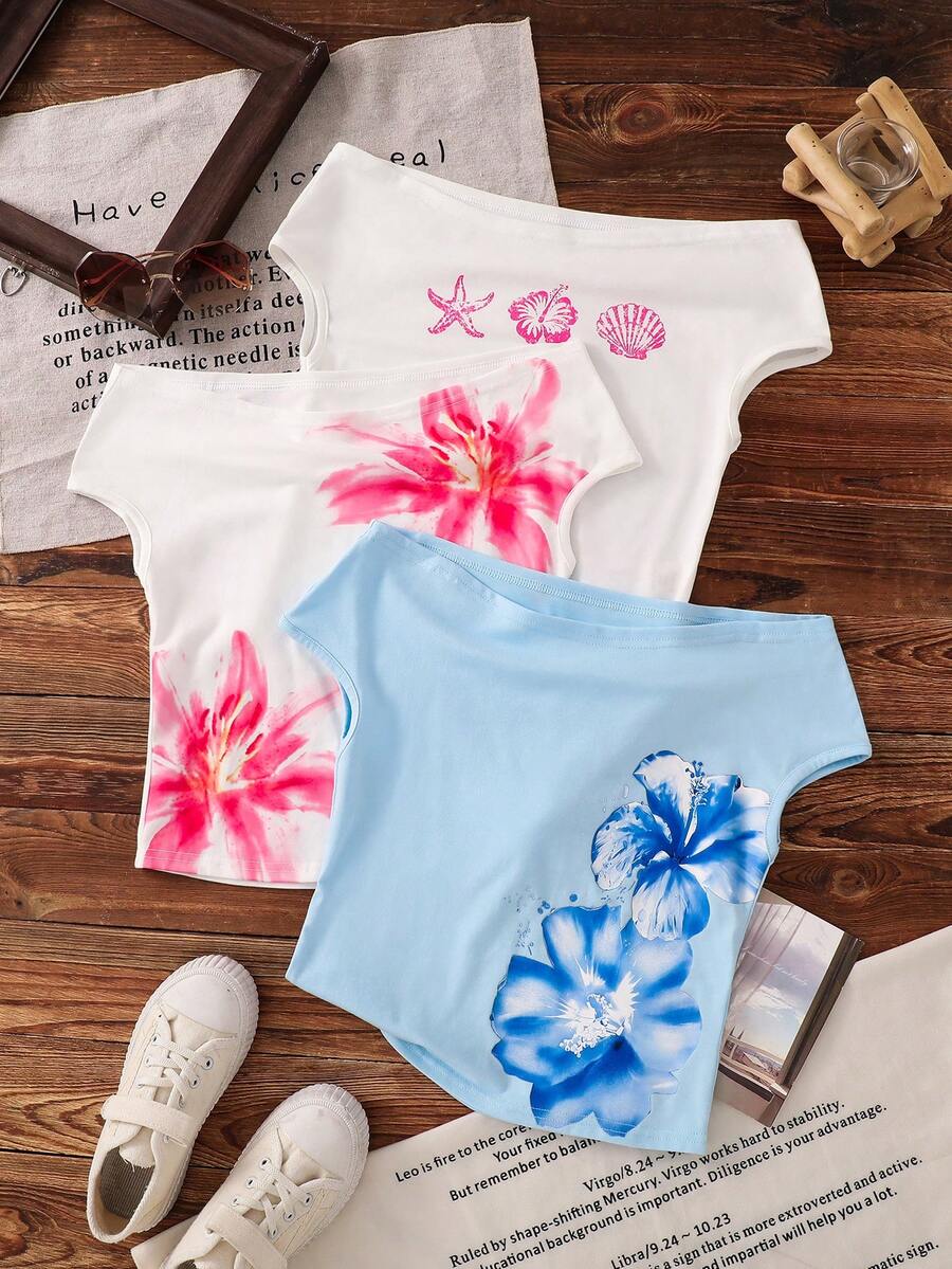 SHEIN 3件套少女针织碎花露肩休闲T恤套装 - 彩色 - 查看 1