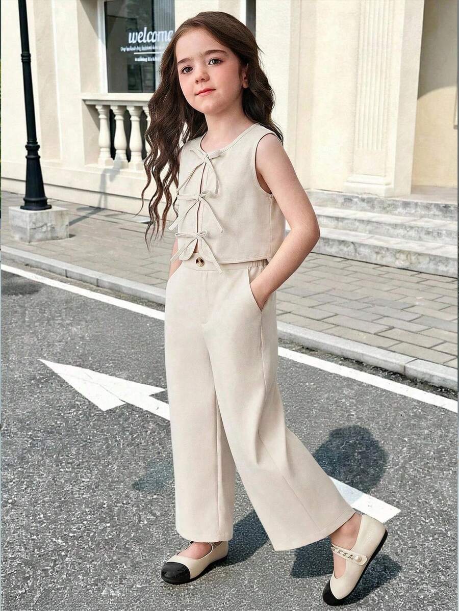 Young Girl Solid Color Round Neck Tie Front T-Shirt And Wide Leg Pants Casual Outfit - Apricot - View 1