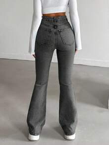 EURMUSE 98%Cotton Washed Casual Flare Jeans With Slanted Pockets - Light Grey - View 2