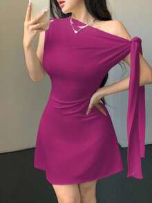 Celisse Women's Asymmetric Tie-Up Waist Short Dress - Purple - View 8