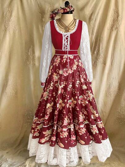 Sweetra 春季、秋季、冬季、春秋、秋冬、外出上衣、优雅、迷你裙、法式复古优雅别致清新小众吊带连衣裙、秋冬两件式衬衫设计复古碎花长裙、高端淑女复古宫廷风蕾丝拼接长袖圆领蕾丝边长裙、秋季收腰显瘦公主长裙