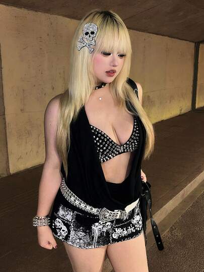 Grunge Punk 2 pezzi/set Reggiseno crop top e giacca da donna sexy e punk in taglia grande, con rivetti e patchwork