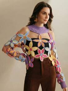 Anewsta Women's Fashionable Hollow Hand Hooked Petal Top - Bold Plum - View 5