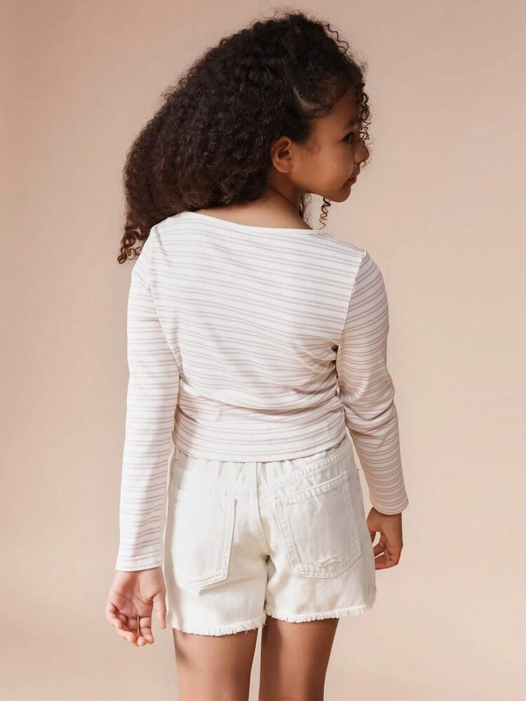 Long Sleeve Striped Ribbed Top With Buttons