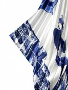 GlowEve Elegant tryckt plisserad lös fladdermusärm klänning för kvinnor - Babyblå - Visa 4