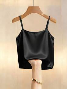 Franclia Fashionable New Satin Beaded Camisole Tank Top, Suitable For Spring/Summer Wear, Layering Or Standalone - Black - View 2