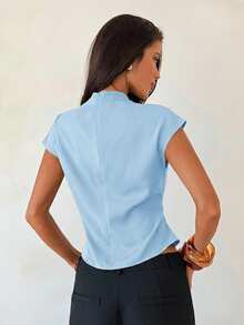 Aloruh Light Blue Pleated Metal Buckle Decor Elegant Casual Office Summer Shirt - Blue - View 2