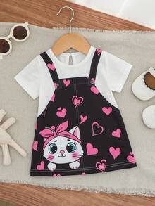SHEIN Newborn Baby Cartoon Cat & Heart Print Round Neck Short Sleeve Casual Dress - Black and White - View 5