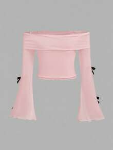 SHEIN Bộ đồ thường ngày cho bé gái tuổi teen: Áo trễ vai thắt nơ và quần ống loe màu trơn. - Màu Hồng baby - Xem 6