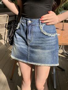 DAZY 女士高腰带口袋毛边休闲短牛仔裙裤 - 中等水洗藍 - 查看 6