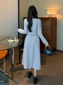 DAZY 春夏格子蓝色开衫短款上衣和A字裙套装，撞色设计，优雅百搭，适合情人节、婚礼、派对、正式场合，时尚修身，通勤两件套女装 - 藍色 - 查看 5