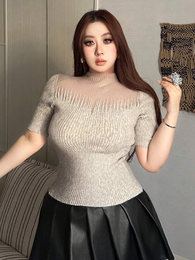 Plus Size Women Mesh Patchwork Elastic Fitted Short Sleeve Knit Top, Spring/Summer