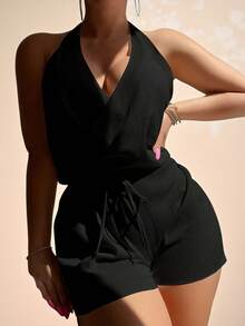 Swim Basics Summer Outfits For Women Summer Vacation Beach Solid Color Drawstring Waist Backless Halter Cover Up Romper - Black - View 1