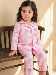 LMoss Kids LMoss 2pcs Baby Girl Sweet Minimalist Bow Decor Lapel Button Long Sleeve Pajama Set, Soft & Skin-Friendly Knit - Pink - View 4