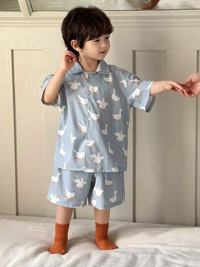 Dazy Kids 卡通动物印花纽扣短袖上衣和短裤睡衣套装，适合小男孩