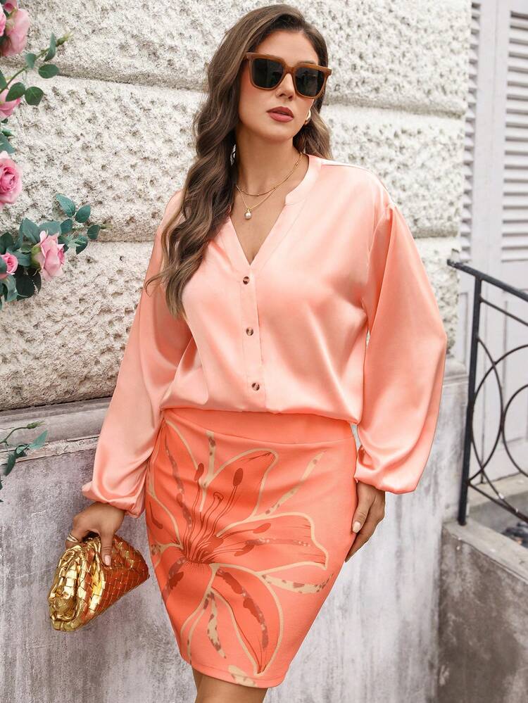 Plus Size Women's Elegant Elegant Vacation Style Solid Color Notched Collar Lantern Sleeve Top And Floral Print Skirt 2-Piece Set, Spring/Summer/Autumn Shirt And Skirt Set Sunset Colors Outfit Lantern Sleeve Blouse Orange Blouse