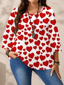 EMERY ROSE Plus Size Women Heart Print Casual Loose Fit 3/4 Sleeve Blouse, Suitable For Valentine's Day Spring - Multicolor - View 3