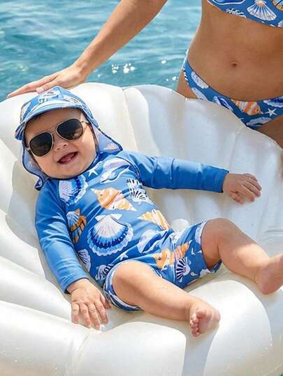 SHEIN 男女宝宝两件套可爱贝壳海鲜图案撞色长袖防晒衣和遮阳帽泳衣套装，适合度假、海滩、冲浪、宝宝泳装