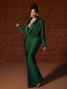 Maweii Vestido maxi de manga larga ajustado con cuello drapeado y fruncido, estilo de fiesta, talla grande y unicolor - Verde - Ver 4