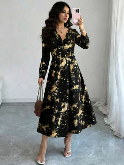 Rafferiza Dammode Lyxig Ny Svart Bas Guldfärgad Splash Foil Print Långärmad Midja Cranked Långklänning, Elegant Vintage Casual Pendling Mångsidig Daglig Lös Bekväm Draperad Halsringning