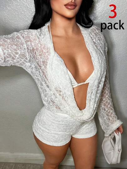 SHEIN SXY Women's Solid Color Halter Tie-Up Camisole And Lace Splice Draped Neck Long Sleeve Top With Shorts Sexy Party Outfit,Valentine's Day,Vacation ,Beach ,Sexy ,Summer ,Spring ,White , White Sexy Outfit 2 Piece Sets Woman Sexy Lace 2 Piece Set,