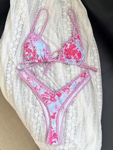 Swim Mod 2pcs/Set Women Summer Random Print Spaghetti Strap High Cut Bikini Swimsuit Set - Multicolor - View 3