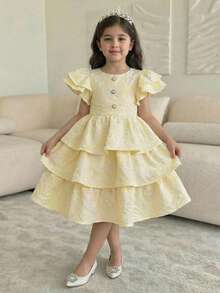 SHEIN Young Girl Woven Solid Color Collared Puff Sleeve Fitted Casual Dress - Yellow - View 1
