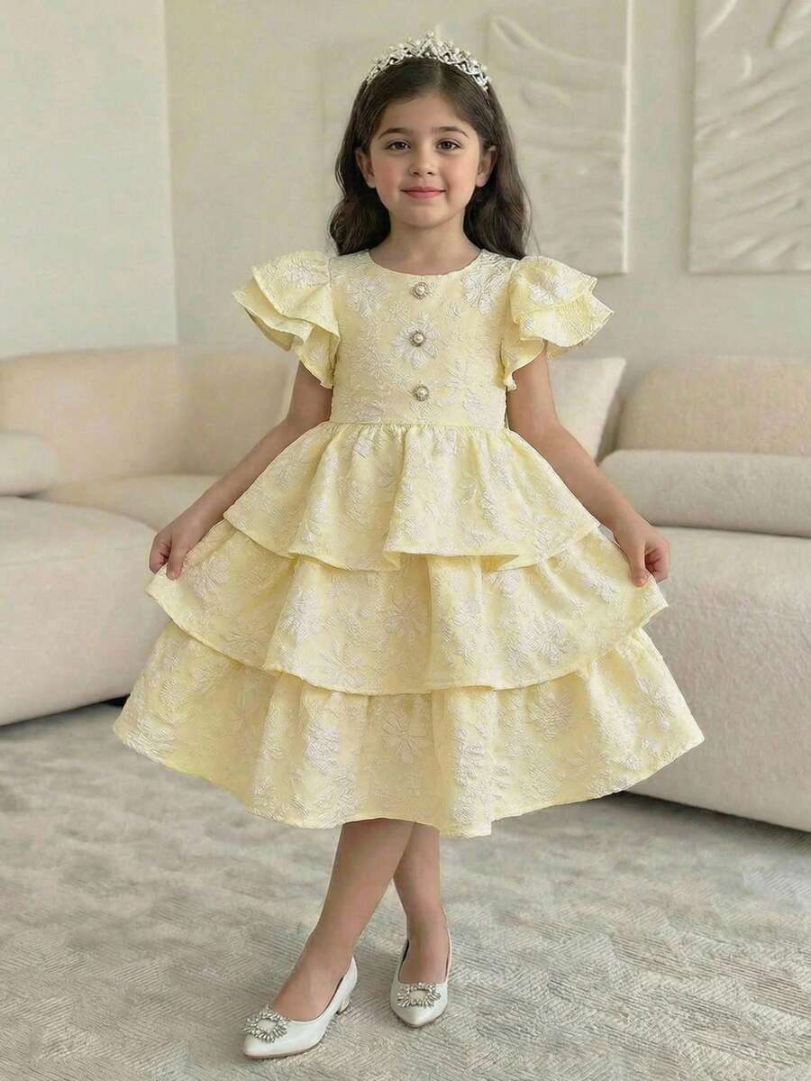 SHEIN Young Girl Woven Solid Color Collared Puff Sleeve Fitted Casual Dress - Yellow - View 1