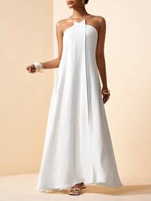 Zivah 2026春夏新款波西米亚风度假纯白色亚麻面料交叉绑带露背A字长裙。适合度假、旅行、西部风情、海滩、游牧生活、约会、情人节、婚礼季、海滩、节日、日常出行、派对、购物、机场穿搭和早午餐穿搭。 - 白色 - 查看 2