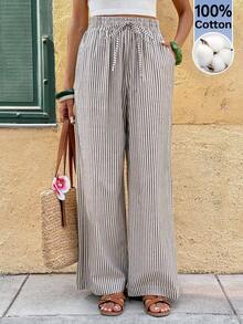 SHEIN Frenchy 女士条纹抽绳直筒宽松休闲日常裤 - 彩色 - 查看 3