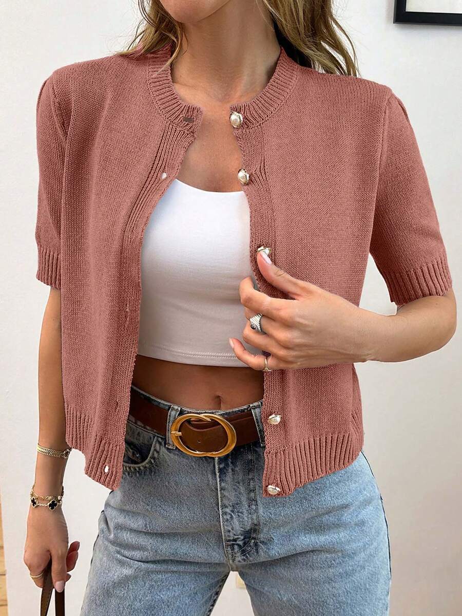 EURMUSE Gold Button Short Sleeve Elegant Cardigan - Dusty Pink - View 1