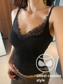 DAZY Lace Patchwork Camisole With Built-In Padded Bra, Women's Undershirt - Black - View 3