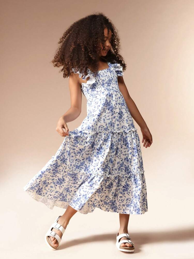 Floral Smocked Ruffle Maxi Dress With Lace Trim