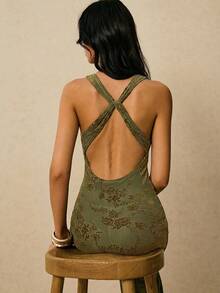 Poéselle Women's Floral Print Backless Criss-Cross Design Sexy Spaghetti Strap Fitted Dress - Army Green - View 3