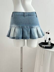 Elamini Y2K Women Low Waist Fashionable Washed Pleated Denim Mini Skirt - Light Wash - View 2