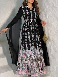 Al Najma Đầm dự tiệc cao cấp họa tiết hoa tay bồng thiết kế mới, eo cao, thanh lịch - Nhiều màu - Xem 2