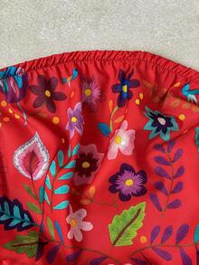 EMERY ROSE 女士休闲波西米亚风多层镂空蕾丝拼接露背印花长裙 - 紅色 - 查看 6