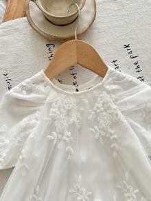 SHEIN 新生女婴白色提花网纱连衣裙，伴娘款式，适合婚礼穿着 - 白色 - 查看 6