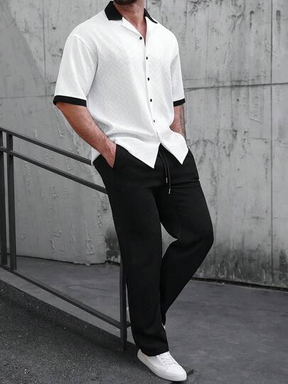 Manfinity Nomadique Men's Casual Contrast Color Short Sleeve Shirt And Pants Set, Summer Men Black And White Outfit Men Pants And Shirt Men Pants Sets Casual Outfits