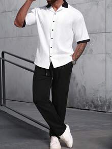 Manfinity Nomadique 男士休闲撞色短袖衬衫长裤套装，夏季 - 彩色 - 查看 5