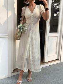 Elyressa 女士优雅长款编织连衣裙，夏季 - 杏色 - 查看 6