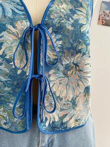Soleia Áo tank top cỡ lớn dành cho nữ, kiểu dáng thường ngày, phong cách retro, họa tiết cây nhiệt đới, chất liệu jacquard, buộc dây, có họa tiết, thích hợp cho kỳ nghỉ. - Nhiều màu - Xem 5