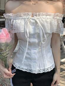 DAZY Áo kiểu nữ tay ngắn trễ vai phối ren, thích hợp mặc mùa xuân/hè. - trắng - Xem 4